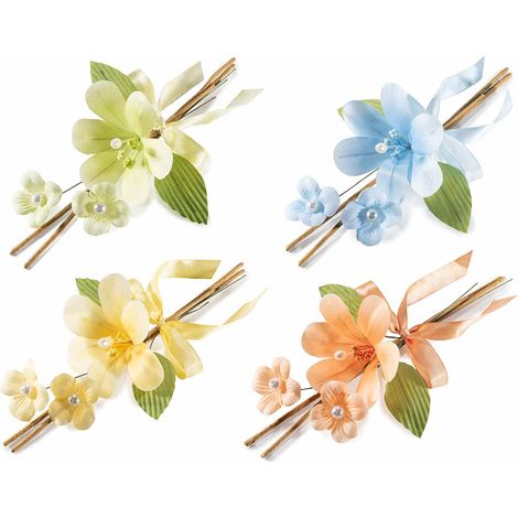 Mazzolini decorativi pick con fiore colorato artificiale, perla, bastoncini e fiocco, set da 20 pezzi, cm 15 H (con gambo 25)