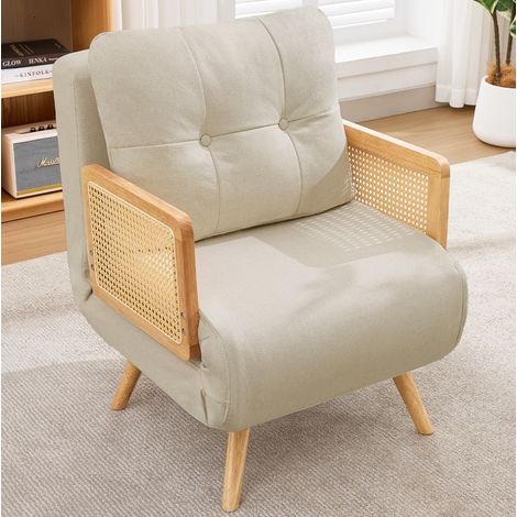 Poltrona trasformabile 3 in 1, 67,5 x 73 x 86,5 cm, schienale reclinabile in 5 posizioni, braccioli in lino e rattan - beige (1/5)
