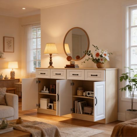 Sideboard 160 x 35 x 80 cm mit 4 Schubladen, 4 Türen, MDF, Weiß und Naturholz HAVRYA (1/5)