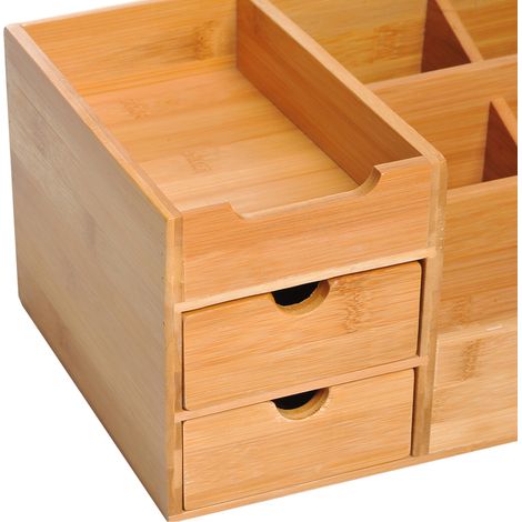 Organisateur de bureau en bambou avec 2 tiroirs, 33 x 20,5 x 15,5 cm, couleur naturelle (1/5)