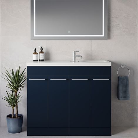 Napoli 250 Deep Blue 1000mm 4 Door Vanity Unit with Square Silvo Basin - 1000mm - Chrome 160mm Handle