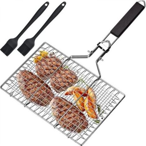 Panier à barbecue en acier inoxydable, argenté, 54,332,3 cm, pliable et portable, livré avec deux brosses en silicone. (1/5)