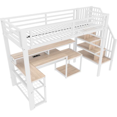 Cama alta 90 x 200 cm de metal blanco con escritorio, almacenaje, LED y puertos USB (1/5)