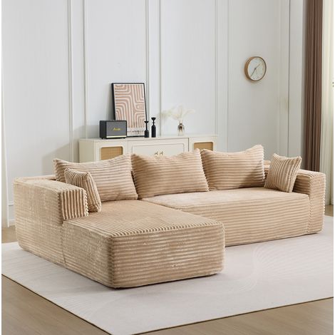 Sofá modular en L beige de pana con chaise longue reversible y asiento profundo