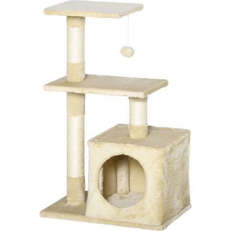 Arbre à chat tour de jeux pour chats poteaux en sisal, 2 plate-forme, niche, balle, tissu peluche, 50x30x81,5cm, beige (1/5)