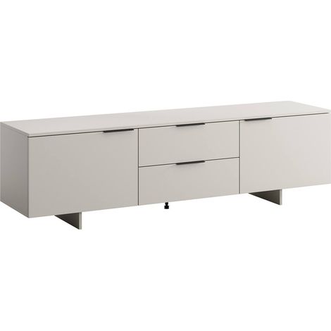 Meuble TV Cislago, buffet de salon avec deux portes battantes et deux tiroirs, surélevé du sol, 180x42 h55 cm, beige (1/4)