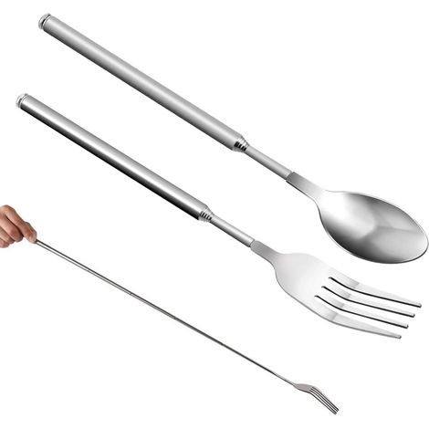 Lot de 2 Ustensiles Télescopiques - Acier Inoxydable - Fourchette et Cuillère Rétractables - Pour Barbecue et Pique-nique - 63 cm et 64 cm