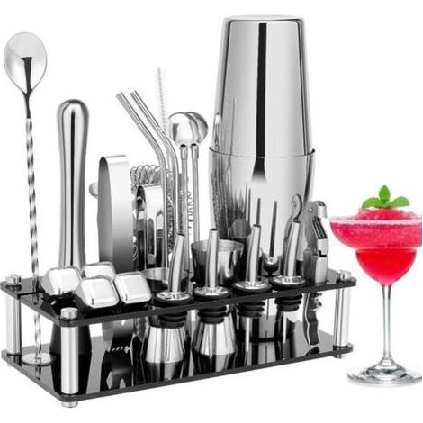 Juego de coctelería, kit de barman Boston de acero inoxidable con soporte acrílico y libro de recetas de cócteles.