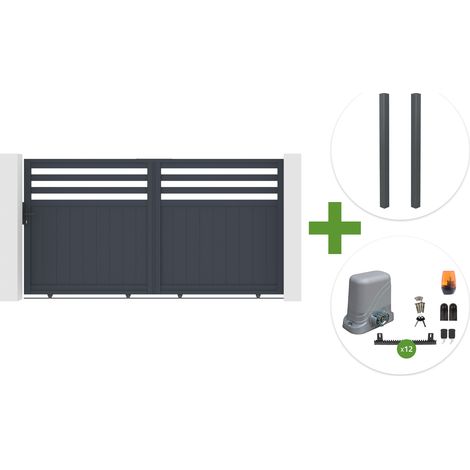 Portail coulissant 3m NEVIS H.160cm aluminium gris + 2 poteaux ELDA aluminium gris 15x15cm + motorisation Tanker C600 (1/5)