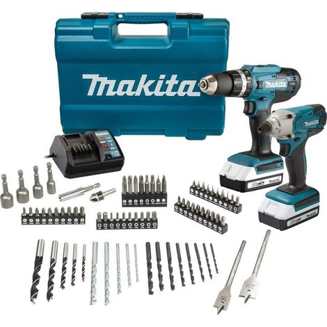 Makita 18v Combi Hammer Drill & Impact Driver Twin Pack Cordless + 74 piece Set (1/4)