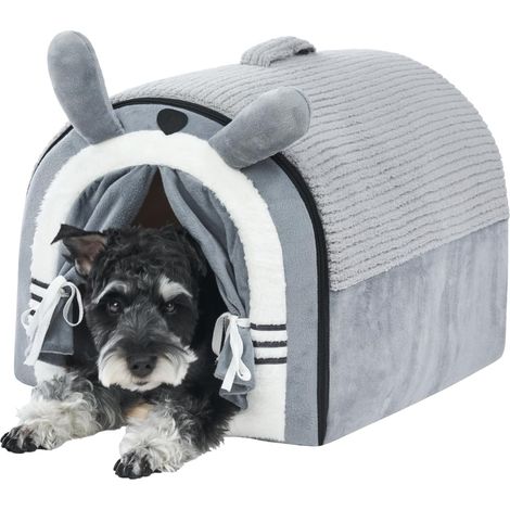 1 Niche Pour Chien Avec Rideau, Mousse Solide, Tissu Velours, Plancher Antidérapant, Intérieur Pour Chat Et Chiot