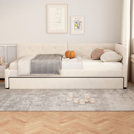 Lit de repos 90x200 cm, canapé convertible en couchage d'appoint, banquette-lit minimaliste, teinte beige, sans matelas, pour invités (1/5)