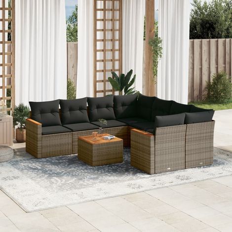 Ensemble de salon jardin 9 pcs canapé résine tressée gris avec coussins, table acacia et rangement, design modulaire pour terrasse (1/3)