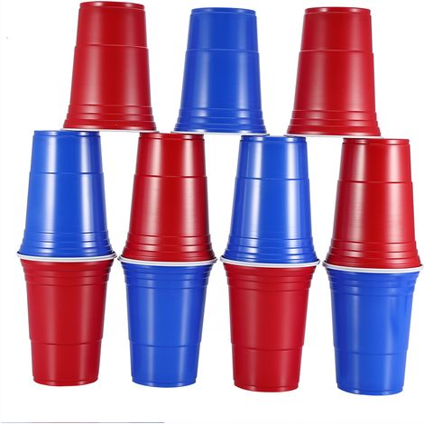 Set de Beer Pong 100 gobelets jetables rouge et bleu, jeu à boire pour fêtes, verres en plastique réutilisables pour soirées entre amis (1/5)