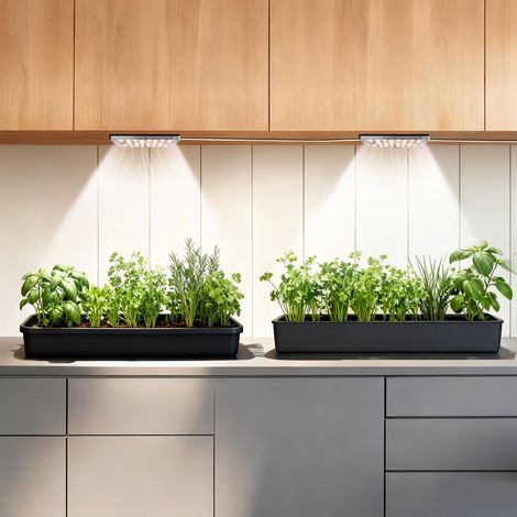 Lampe de croissance LED adhésive sous meuble avec minuterie, spectre complet, design en forme de rondelle imitant la lumière du soleil, pour plantes d'intérieur et étagères, blanc chaud (1/5)