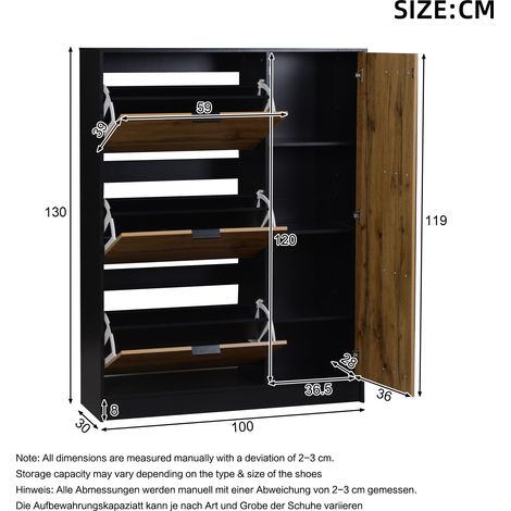 Meuble à chaussures 100x30x130cm en MDF, 3 compartiments rabattables et 1 casier à porte, étagère pour 12 paires (2 par niveau), charge max 50kg, entrée, bois naturel et noir (1/5)