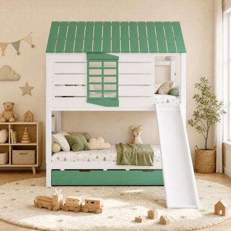 Letto a castello a casetta 205.4x236.5x228.6 cm, con scivolo e letto estraibile, MDF, pino, bianco e verde (1/5)