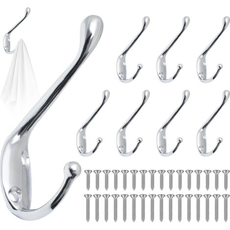 Lot de 8 crochets muraux vintage argentés, crochets muraux doubles rétro en métal, crochets porte-manteaux avec 32 vis, crochet métallique pour porte, salle de bain ou cuisine. (1/5)
