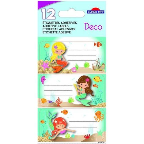 12 étiquettes adhésives scolaires - Rectangle - Sirènes - Paillettes (1/2)