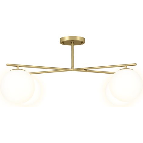 Plafonnier lustre moderne 4 lumières E14, semi-affleurant, doré et crème (1/5)