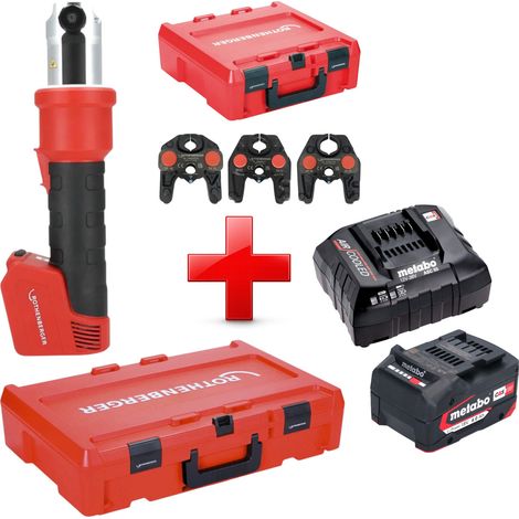 Pressatrice a batteria Rothenberger ROMAX NANO 18 V 34 kN CAS + 1x batteria 4,0 Ah + caricabatteria + set di 3 ganasce di pressatura SV + Rocase