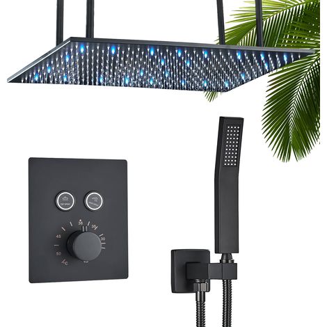 Colonne de douche Hydromassage Deluxe LED pour montage au plafond 40 X 80 cm Tête de douche cascade avec douchette à main Système de douche, robinet de douche noir (1/5)