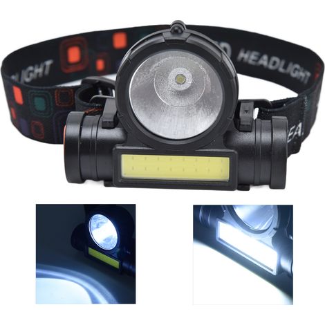 LED+COB Lampe Frontale Rechargeable USB, Puissant Mini Projecteur avec Grand Réflecteur, Étanche pour Chasse, Pêche et Travail Extérieur (Batterie Intégrée) (1/5)
