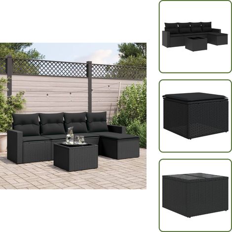 6-tlg. Garten-Sofagarnitur mit Kissen Schwarz Poly Rattan - Gartenmöbel Set - PE-Rattan Möbel - Outdoor Sofa - Esstisch Set - Balkonmöbel (1/5)