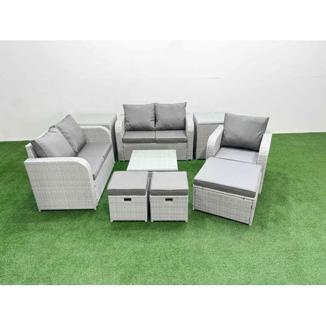Fimous High Back Poly Rattan Garden Furniture Set with Reclining Chair Loveseat Sofa Square Coffee Table Indoor Outdoor Patio Set 3 Stools 2 Side Table Light Grey (1/4)