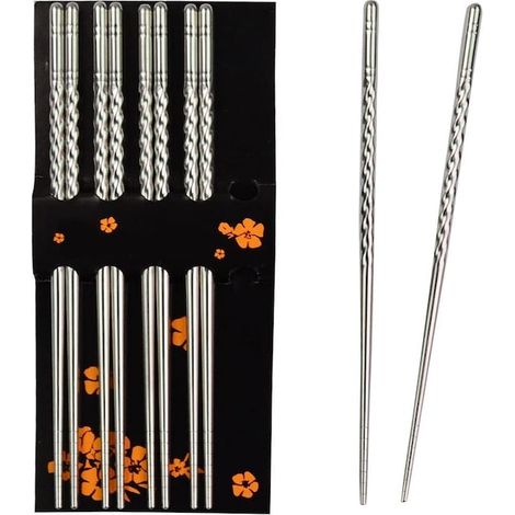 Lot de 5 paires de baguettes alimentaires, QttvbTna, acier inoxydable, finition argentée, 22,5 cm, idéal pour sushis et plats asiatiques, résistantes et réutilisables, set de couverts élégant. (1/5)