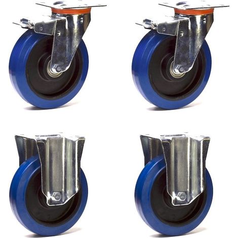 Lot de 4 roulettes pivotantes à frein et fixes caoutchouc EASYROLL® BLEU 200 mm charge - 1050 Kg (1/3)