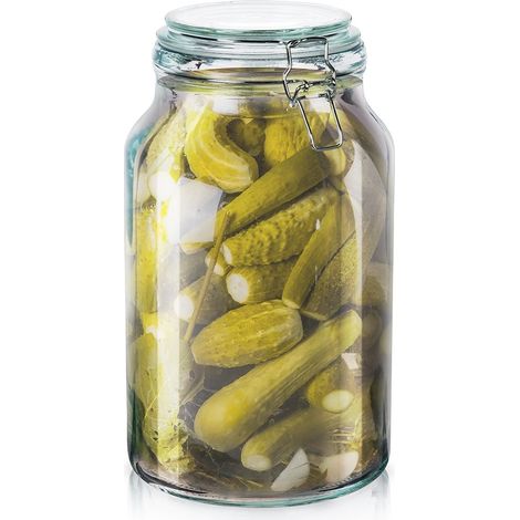 Frasco de vidrio grueso con tapa hermética y sello de goma.