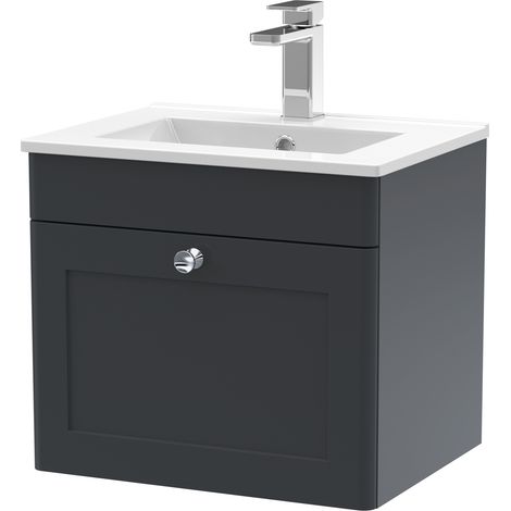 Nuie Classique Satin Soft Black 500mm Wall Hung Single Drawer Vanity Unit and 18mm Profile Basin - CLC1491C (1/5)