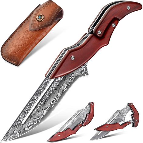 Klappmesser mit Damastklinge und Palisanderholzgriff inkl. Lederscheide
