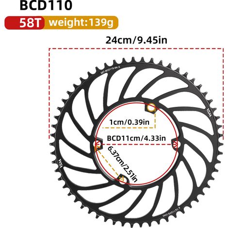 58T Plateau universel 4 trous à griffes pour vélo, mono-vitesse, entraxe 110 BCD, dents positives et négatives, 36T, 38T, 40T, 4250T, 58T (1/5)