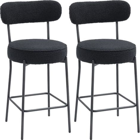Lot de 2 tabourets de bar avec assise rembourrée et repose-pieds. Revêtement en molleton et structure métallique, couleur noire (1/5)