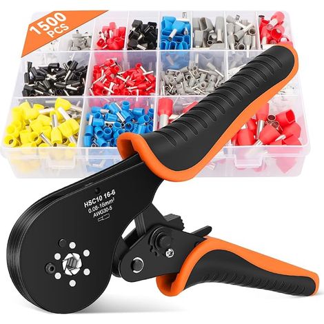 Pince a Sertir avec Electrique 1500PCS Doubles& Cosses Simples, Hexagone Sertir 0,08-16mm²(AWG30-5), Auto-ajustables Pince à Sertir Pour Installations Électriques (1/5)