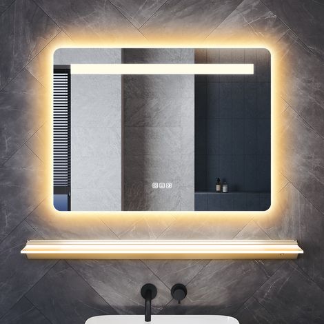 SONNI 80×60cm LED Badezimmerspiegel mit Beleuchteter Ablage & Bluetooth, Quadrat Anti-Beschlag Spiegel mit Doppel-LED-Beleuchtung 3 Einstellbare Lichtfarben