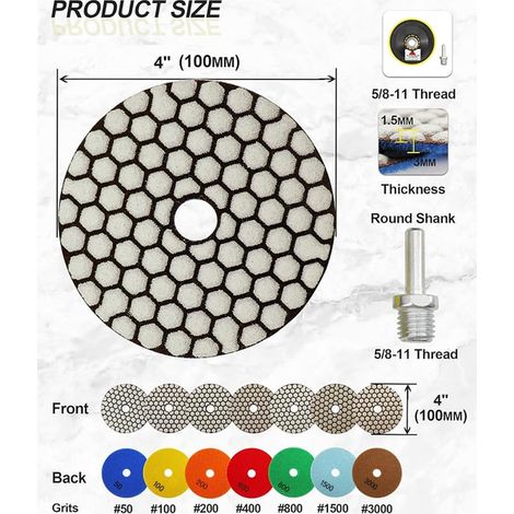 Diamond Polishing Disc 4 Inches/100 mm Grit 50/100/200/400/800/1500/3000 with M14 Support Pads+Adapter for Granite Marble Artificial Stone Quartz Angle Grinder (1/3)