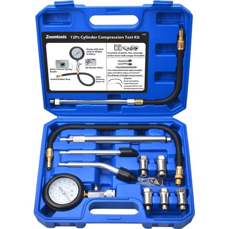 Probador de compresión de 11 piezas, kit de herramientas para probador de compresión, para probar la compresión del cilindro, incluye 5 adaptadores: M10, M12, M14, M16, M18, para pruebas de compresión (1/5)