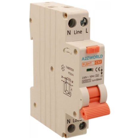 RCBO Interruttore Magnetotermico Differenziale Tipo A Curva C 1P+N 1M 6000A 30mA C32A AC 230V IP20 IEC61009-1 PL8HT GB57332