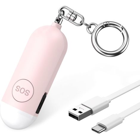 Alarme Personnelle Anti Agression, Alarme de Poche 130dB avec Torche Signal Flash d'urgence , Rechargeable USB, LED Lampe, Porte Clef Alarmes pour Femme/Enfants/Personnes âgées - Rose (1/5)