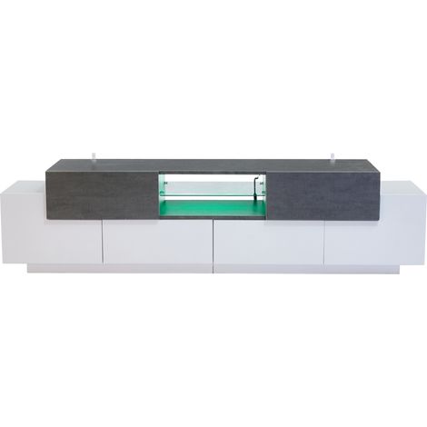 Meuble TV moderne 180 cm blanc et gris avec étagères en verre pour écran jusqu’à 80 pouces (1/5)