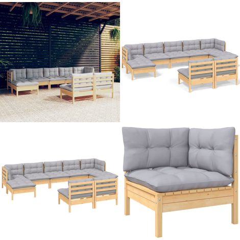 9-tlg. Garten-Lounge-Set mit Grauen Kissen Kiefernholz - Gartensessel - Lounge Set - Gartenmöbel - Outdoor Möbel - Rattan Sessel - Home & Living (1/5)