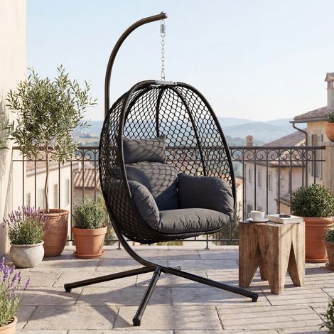 Wahson Fauteuil Oeuf Suspendu, Fauteuil Suspendu Pliable, Réglable en Hauteur, Intérieur et Extérieur, Jardin, Balcon, Noir (1/5)