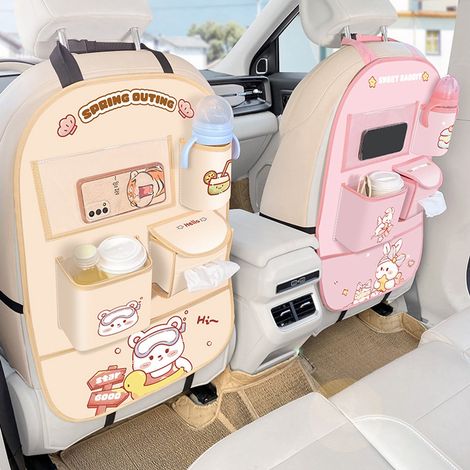 Organisateur universel pour siège arrière de voiture avec coussin anti-coups de pied, protection anti-usure et sac de rangement - Protection contre la saleté - Idéal pour les enfants - Motif lapin (1/4)