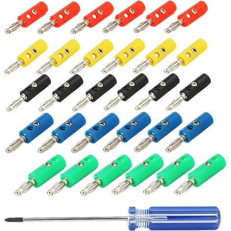 4mm Banane Fiche Connecteur, pour Récepteurs AV, Amplificateurs, Son Surround, Plaques Murales Banane, Résistant à la Corrosion (6 Rouges, 6 Verts, 6 Bleus, 6 Jaunes, 6 Noirs + Tournevis) (1/5)