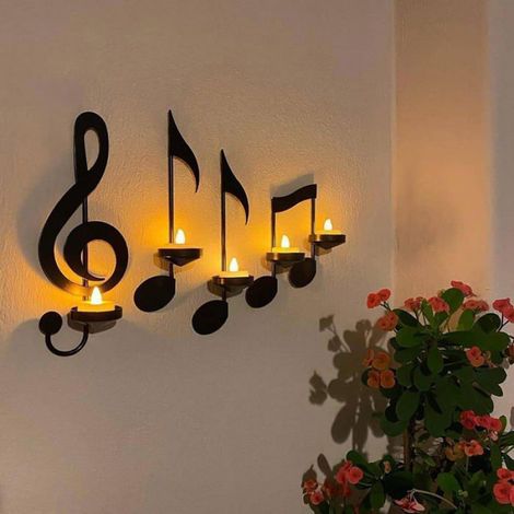 Lot de 4 bougeoirs en forme de notes de musique, applique murale noire en fer,décoration pour bougies chauffe-plat,panneaux muraux (1/5)