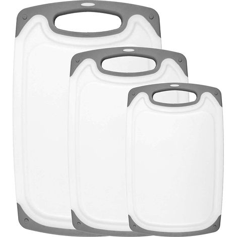 Planches à découper pour la cuisine, lot de 3 planches (grande et petite), compatibles lave-vaisselle, avec rainure pour le jus, poignée ergonomique et revêtement antidérapant en caoutchouc. (1/5)