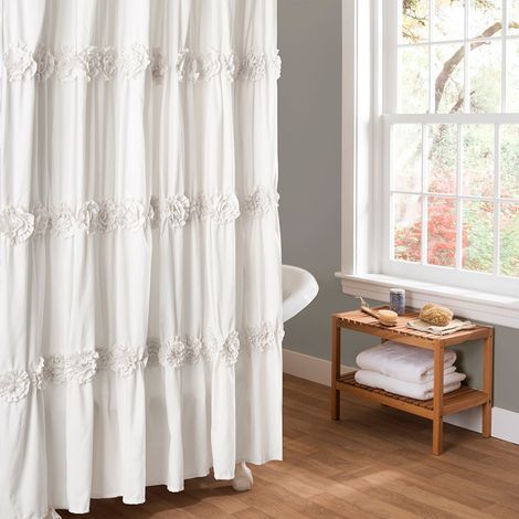 Rideau de Douche froncé à Motif Floral pour Salle de Bain, 182,9 x 182,9 cm, Blanc (1/4)